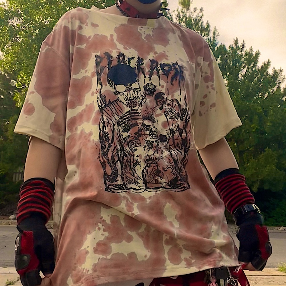 Brown and tan tie-dye skeleton skater graphic T-shirt